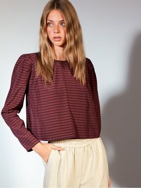 RARE Aritzia Le Fou bohemian Wilfred Raphaelle Check plaid flowy Blouse top Med
